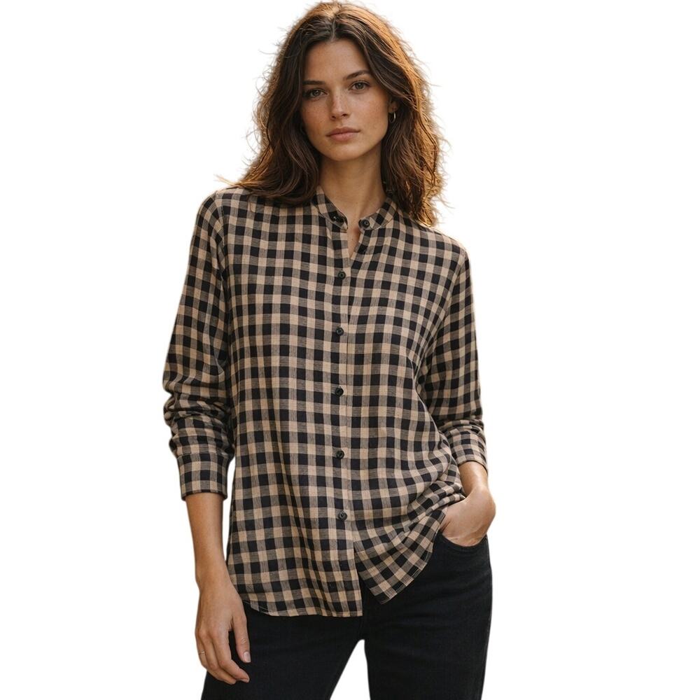 NILI LOTAN Women's Button front Shirt Beige Black Check Medium
